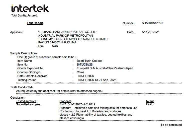 Intertek test report page recording a Pass result for a children's cot bed against the EN 716 standard for cots for domestic use Intertek test report page recording a Pass result for a children's cot bed against the EN 716 standard for cots for domestic use